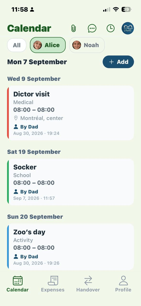 Écran calendrier de l'application 2Toits